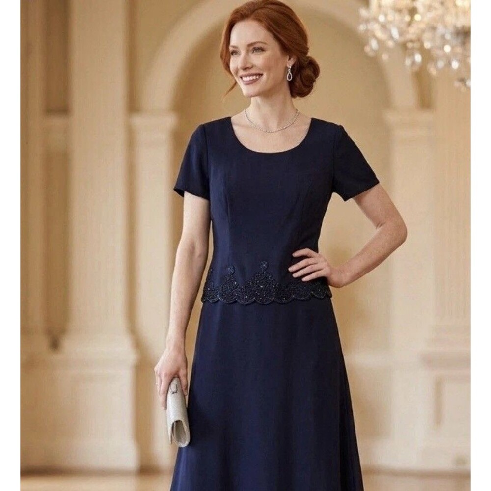Vintage R&M Richards Women’s Navy Blue Beaded  Formal Midi Dress Size 14 Formal
